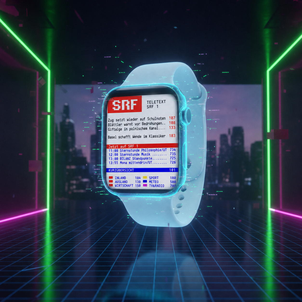 Teletext CH running inside the display of a futuristic white Apple Watch