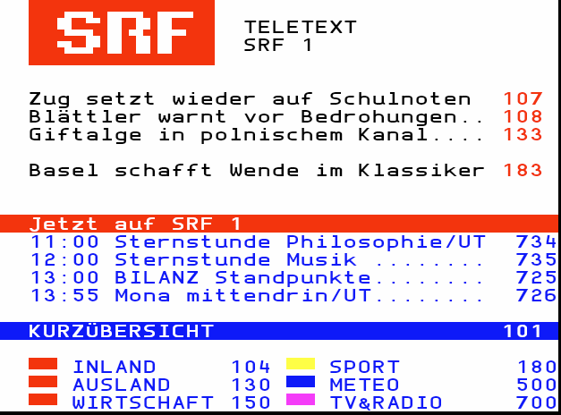 Classic SRF 1 Teletext home page with news headlines and page numbers